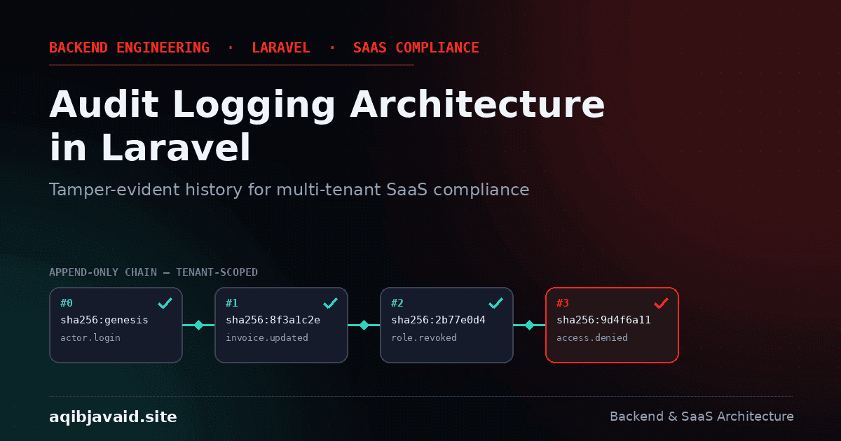 Dark tech blog cover of a Laravel audit log chaining tamper-evident hashes across a multi-tenant SaaS compliance trail