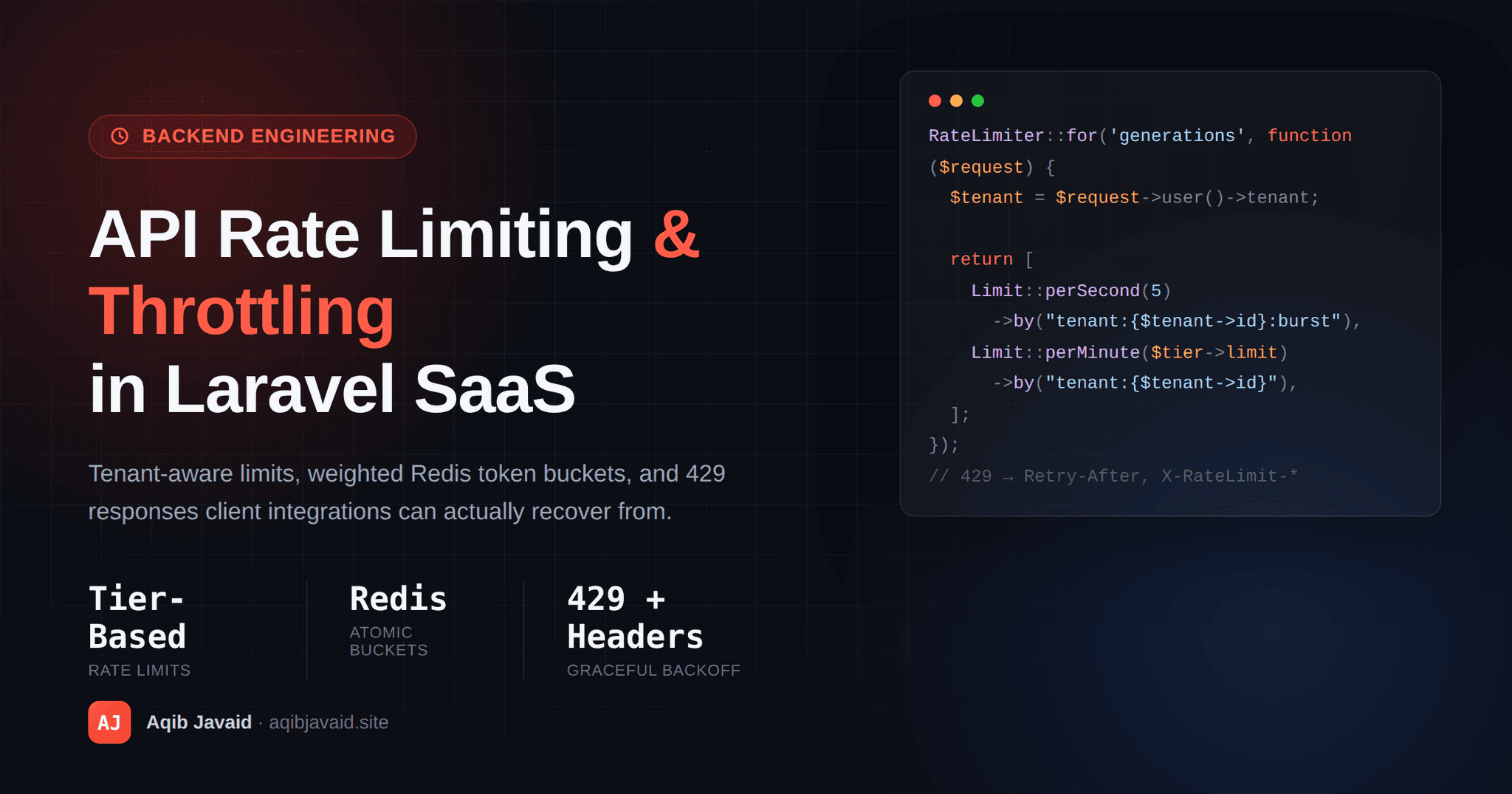 Dark tech blog cover of a Laravel API gateway throttling tenant requests through a Redis-backed token bucket gauge