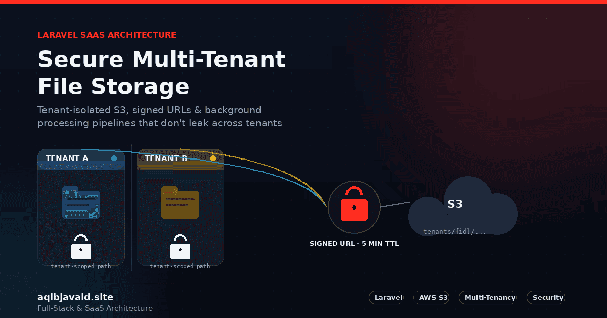 Dark tech blog cover showing tenant-isolated S3 folders, a signed URL padlock icon, and a Laravel file upload pipeline