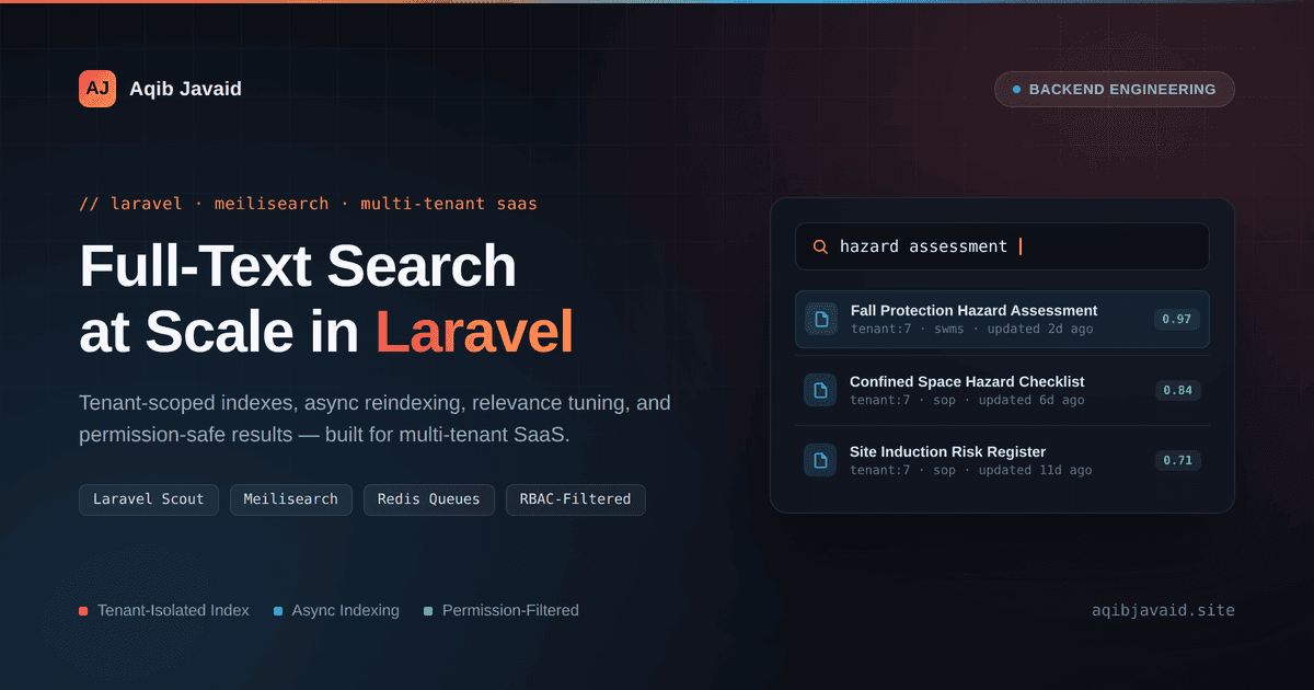 Dark tech blog cover of a Laravel search index syncing tenant records into Meilisearch behind a scoped search bar UI