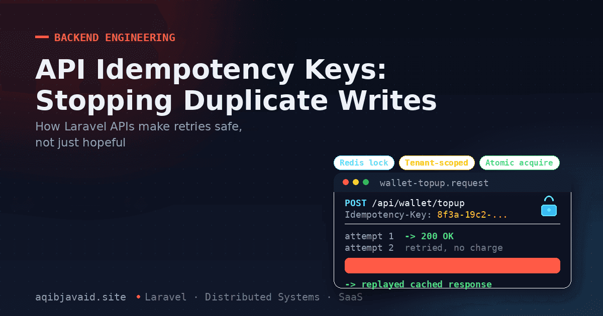 Dark tech blog cover of a Laravel API request hitting an idempotency-key cache that blocks a duplicate charge