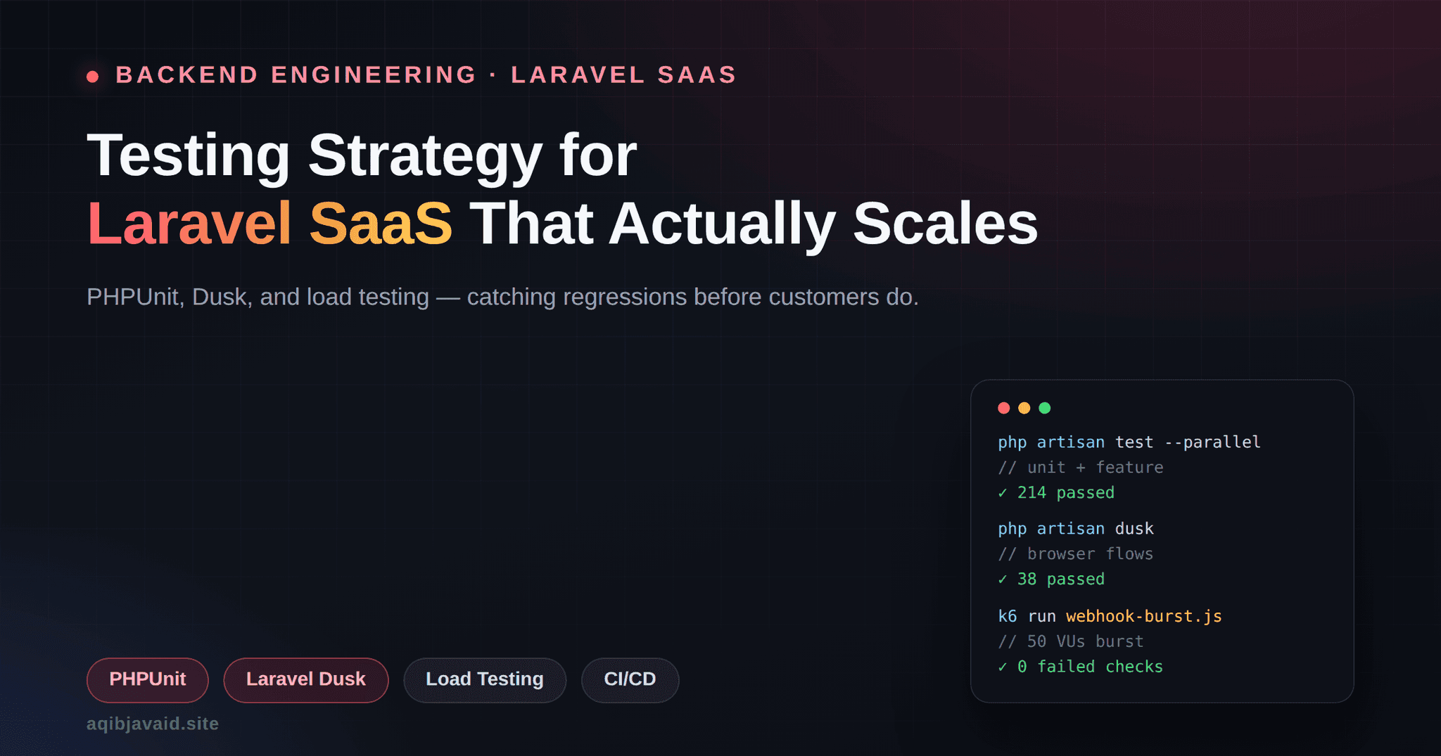 Dark tech blog cover for a Laravel SaaS testing strategy article, showing a terminal panel with PHPUnit, Dusk, and k6 results