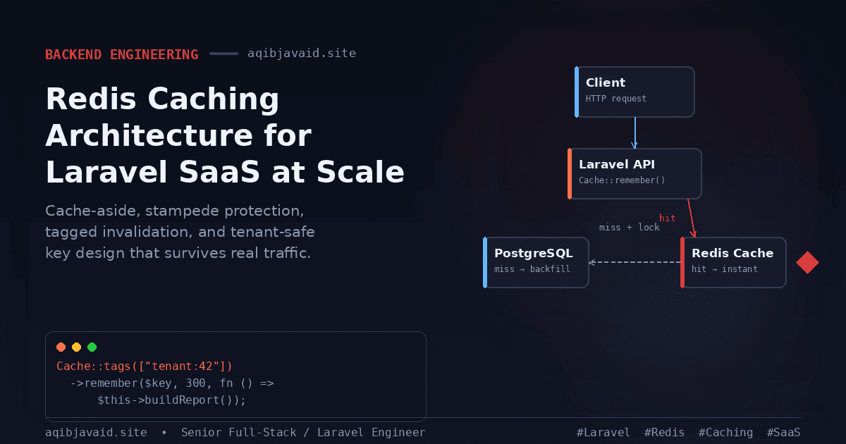 Dark tech blog cover diagramming a Laravel API backed by a Redis cache layer and PostgreSQL, with a cache-tagging snippet