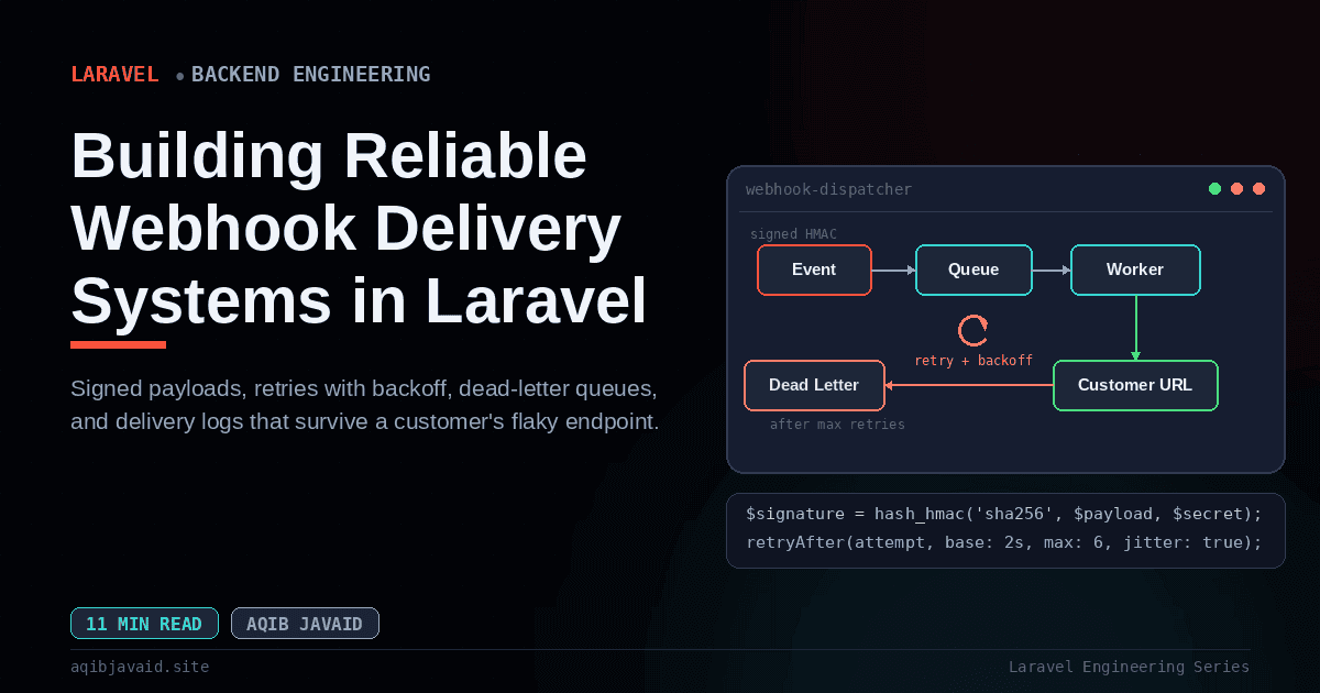 Dark tech blog cover of a Laravel webhook pipeline with retries, backoff, a dead-letter queue, and an HMAC signing snippet