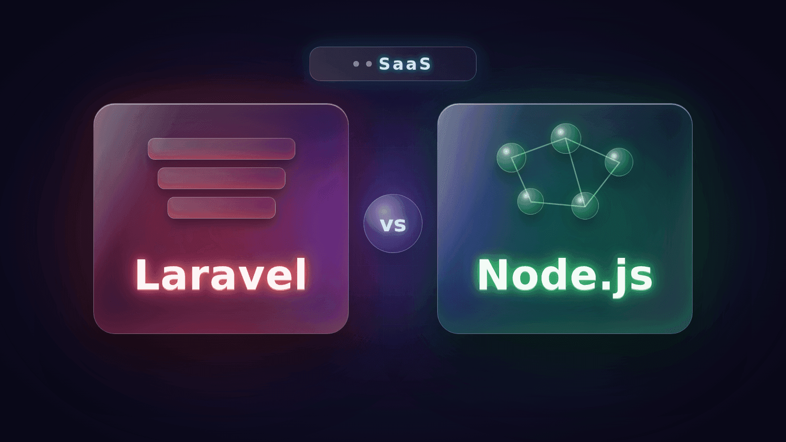 Liquid-glass cards comparing Laravel and Node.js side by side for choosing a SaaS backend