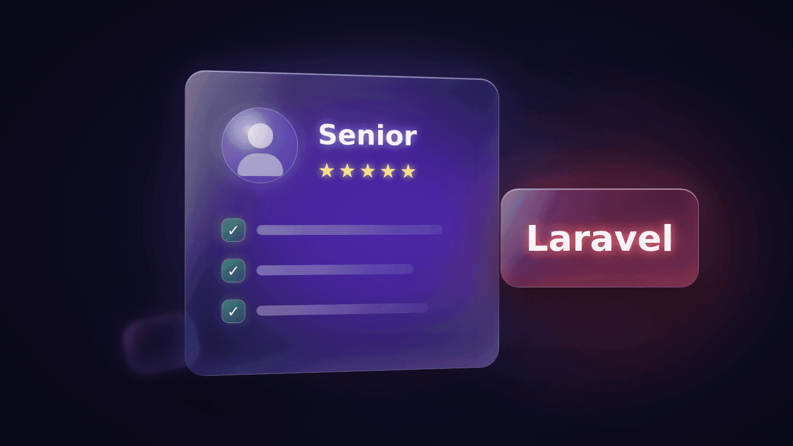 Liquid-glass candidate profile card with a five-star rating and checklist next to a Laravel label