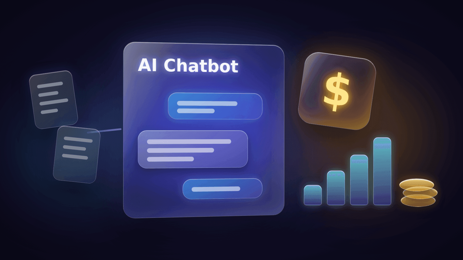 Glass AI chatbot window with a golden dollar tag, rising cost bars and a coin stack showing AI chatbot development cost