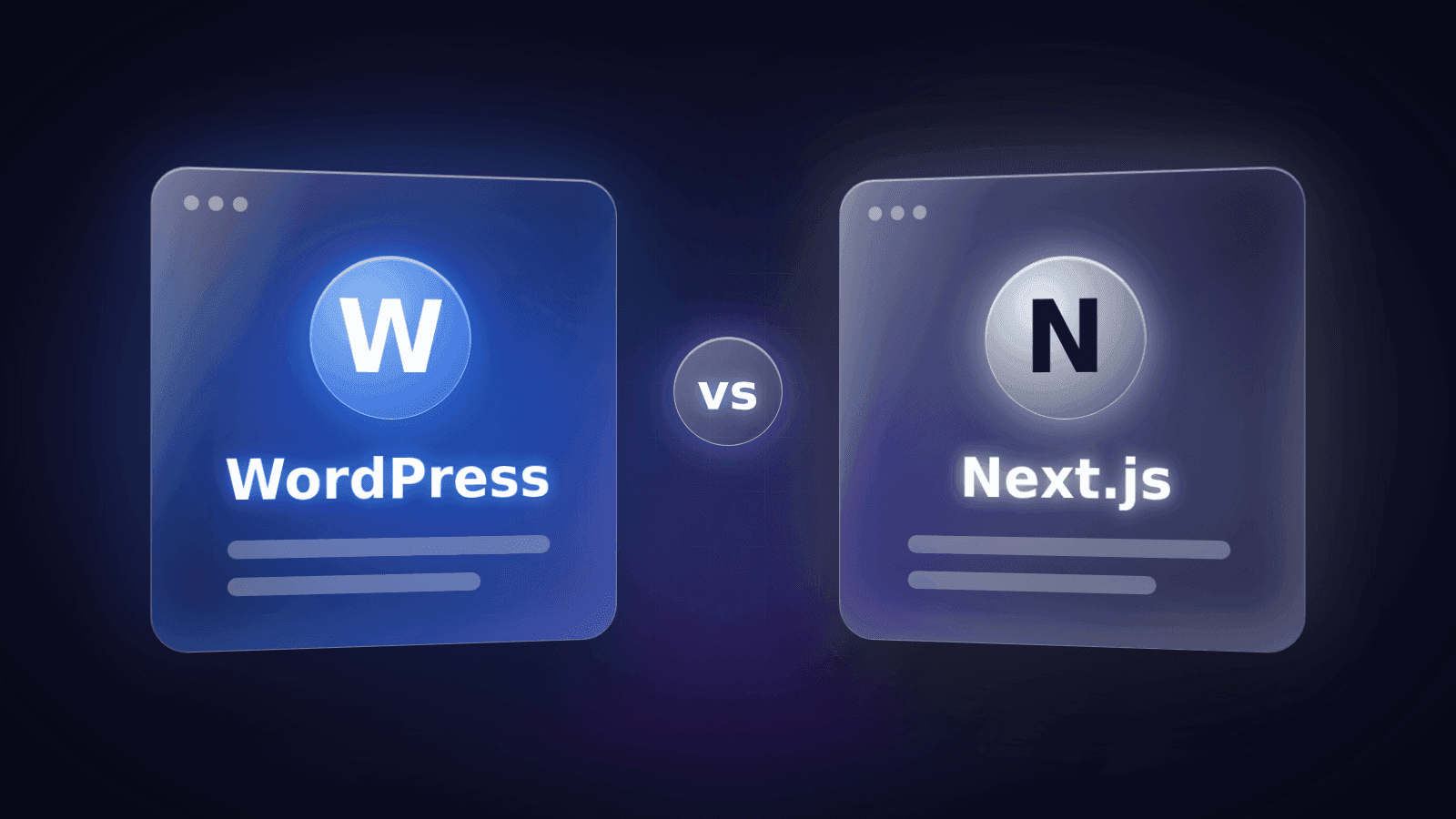 Two glass browser windows, WordPress on the left and Next.js on the right, facing each other with a vs badge