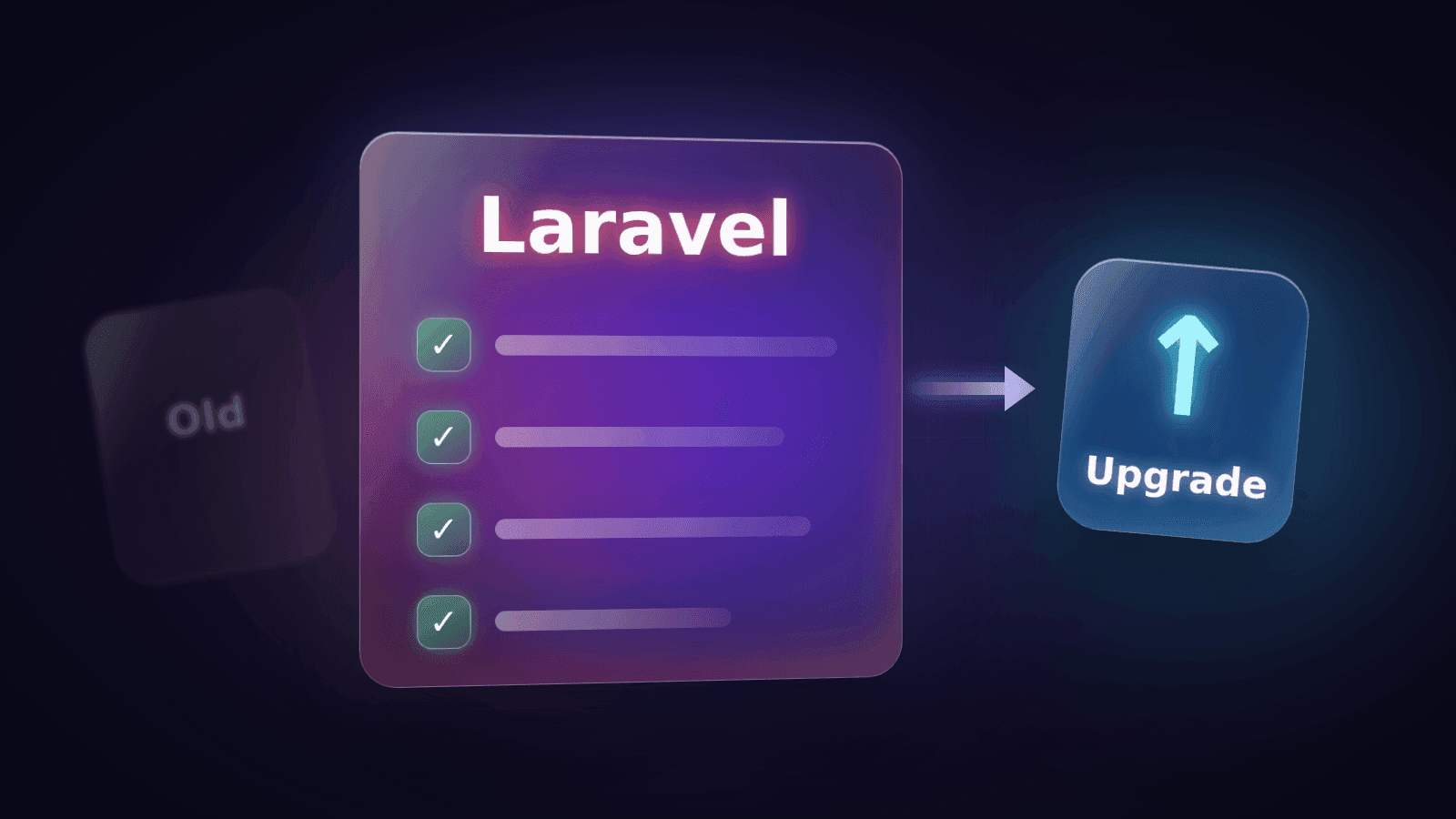 Glass Laravel checklist card with four ticked items and an upgrade arrow pointing from an old version to a new one