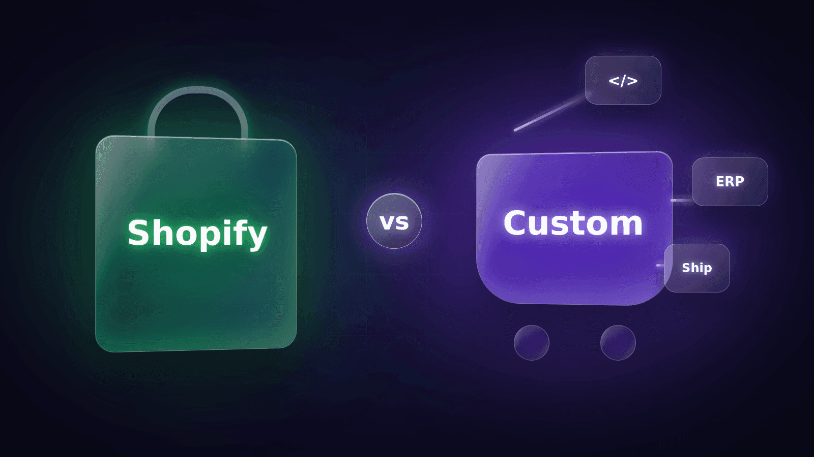 Glass Shopify shopping bag facing a purple custom shopping cart connected to code, ERP and shipping cards