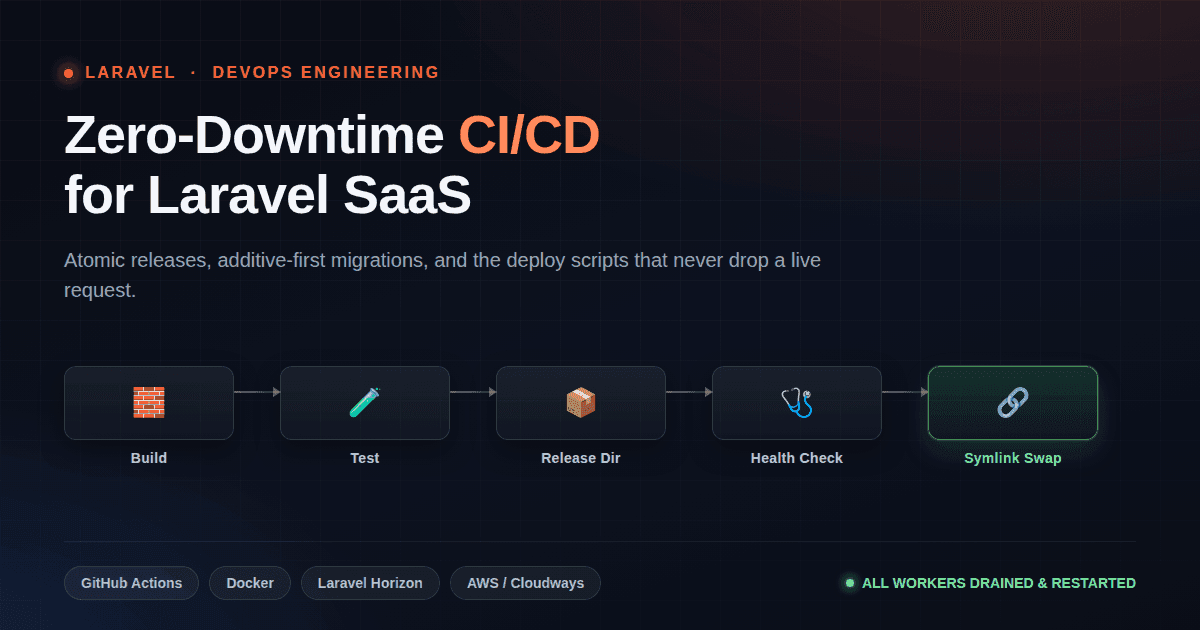 Dark tech blog cover showing a Laravel deployment pipeline with build, release, and symlink-swap stages and a green healthy status