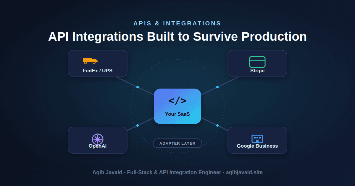 SaaS backend connecting to FedEx, UPS, Stripe, and OpenAI APIs through a resilient adapter layer